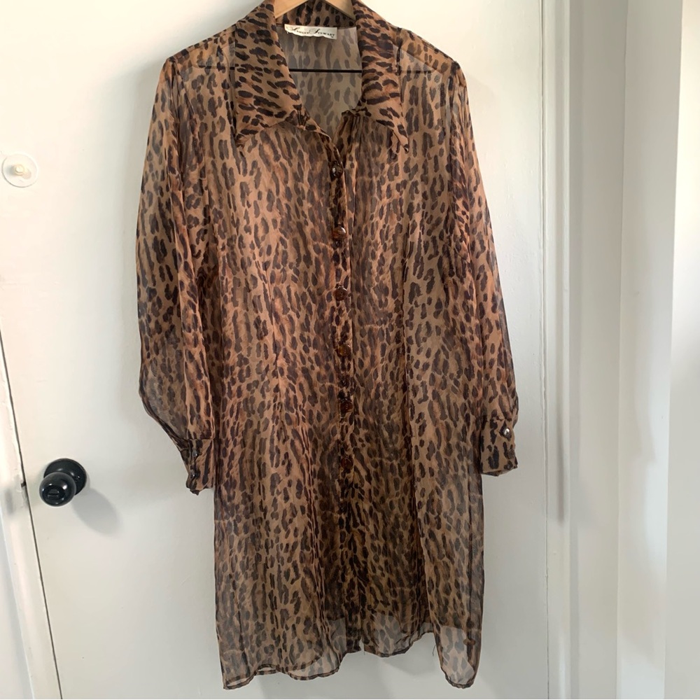 Ashley Stewart leopard Print Sheer duster button down cover up shirt dress